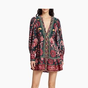 NEW/ NEVER WORN FarmRio Seashell Tapestry Balloon-Sleeve Minidress xxs